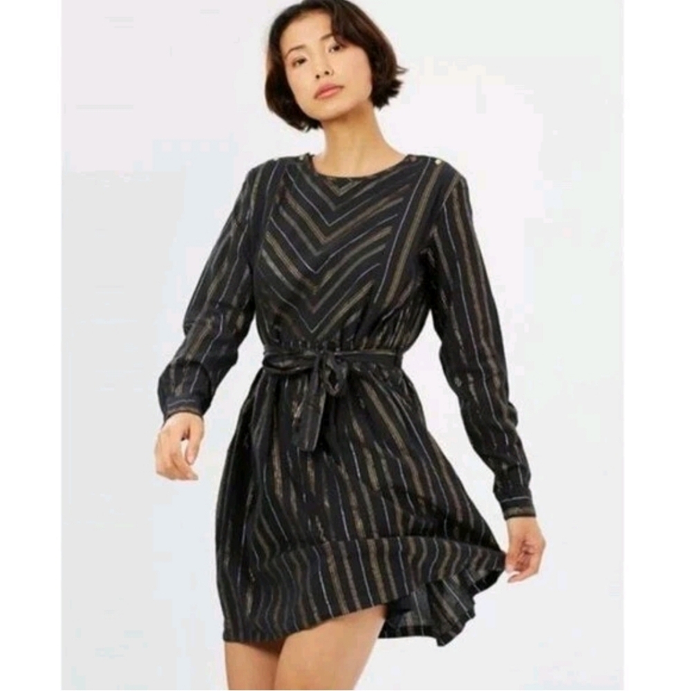 Scotch & Soda Black Long Sleeve Striped Tie-Waist Dress
